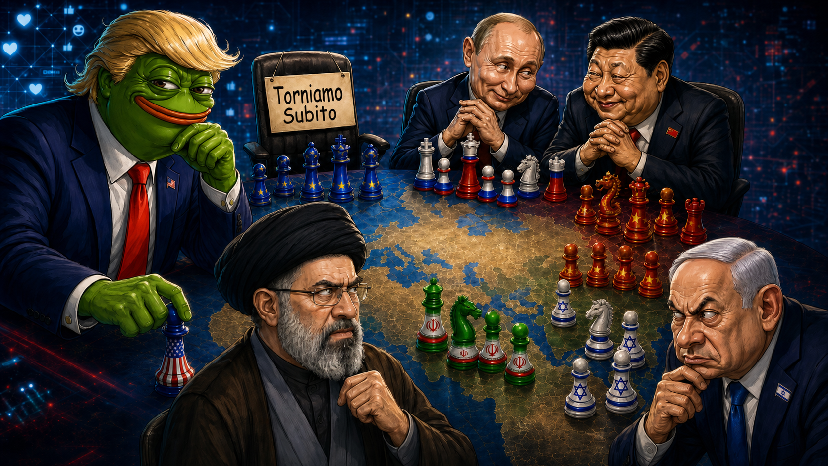 Illustrazione editoriale dedicata a meme, diplomazia digitale e guerra simbolica tra Iran e Stati Uniti