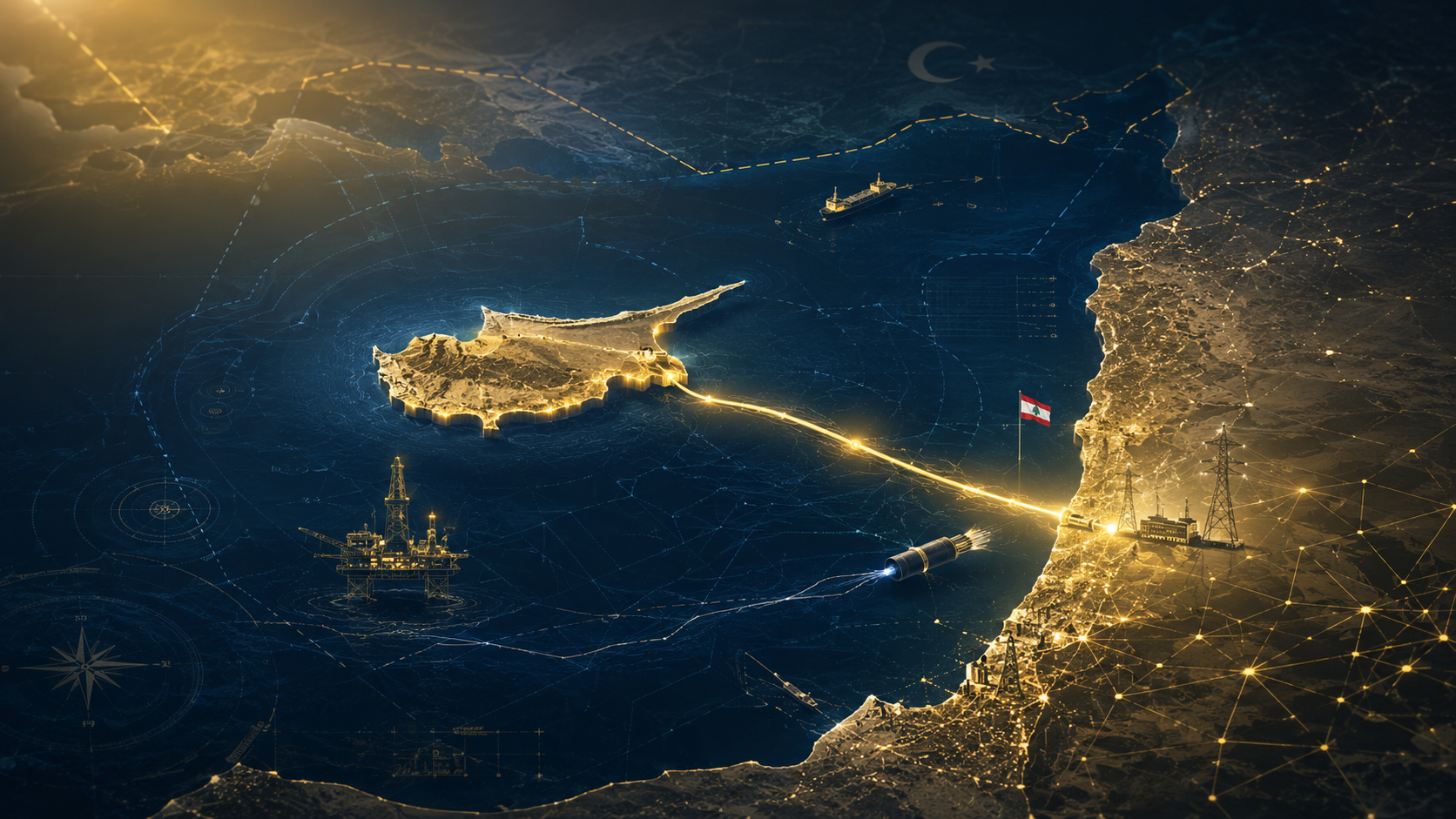Illustrazione editoriale dedicata all’asse Cipro-Libano e alla sovranità energetica nel Mediterraneo orientale
