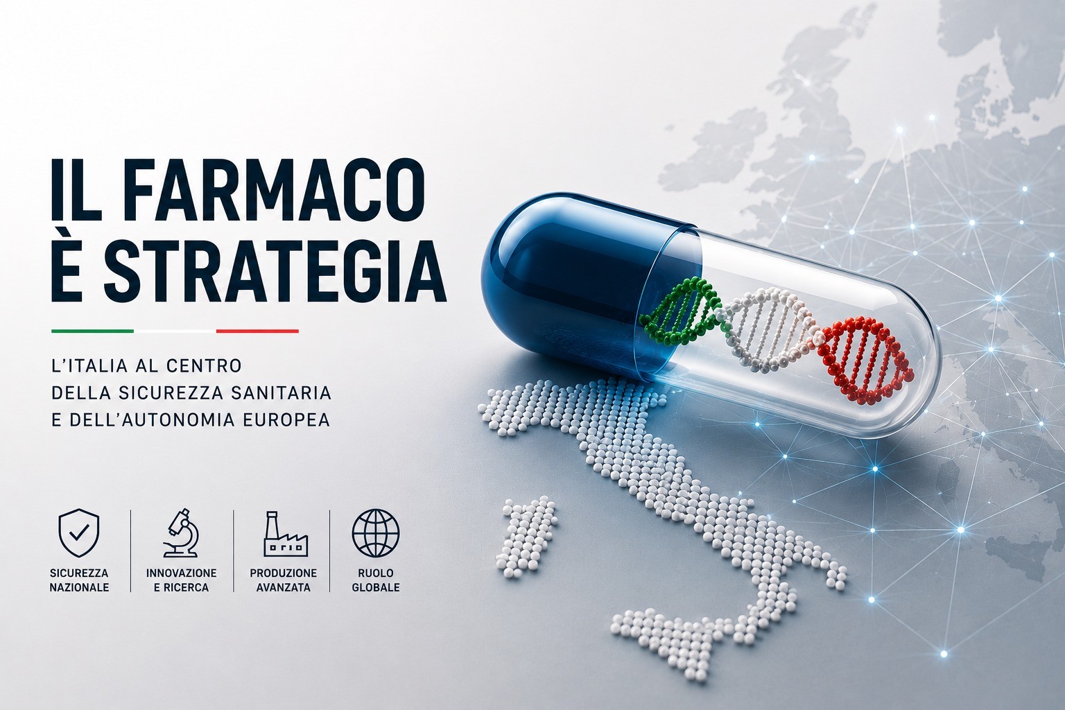 Illustrazione editoriale dedicata al farmaco come asset strategico per la sicurezza sanitaria e l’autonomia europea