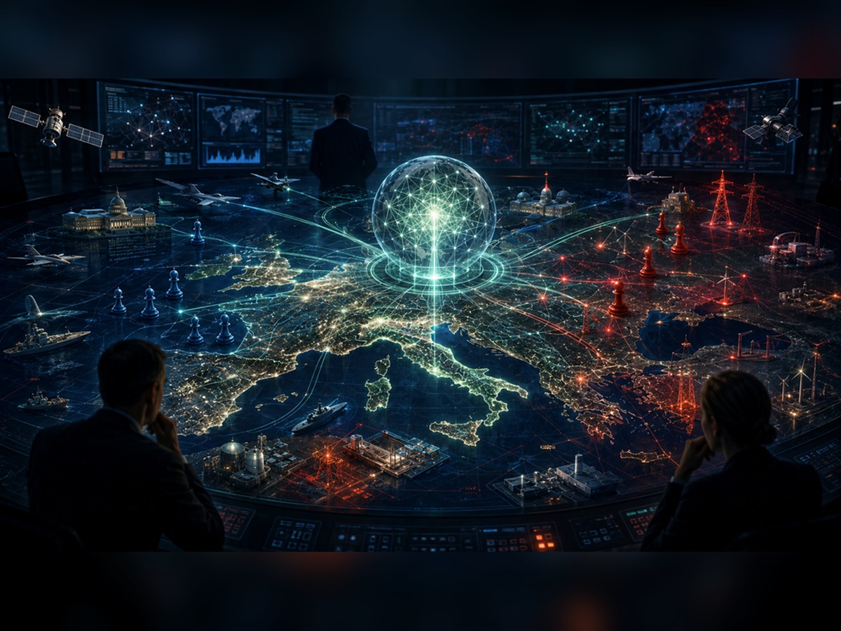 Illustrazione editoriale su intelligenza artificiale, deterrenza, resilienza e infrastrutture strategiche