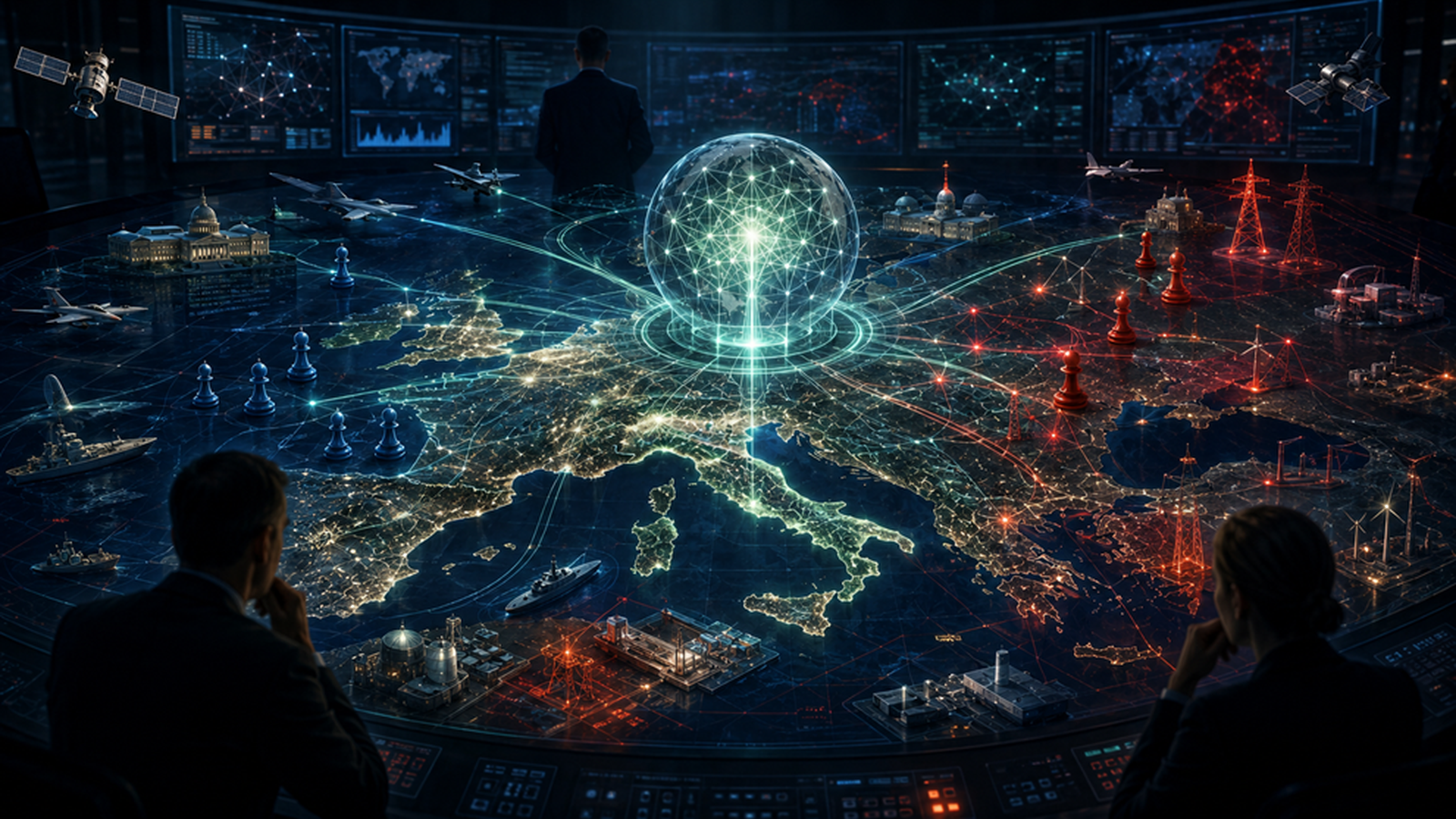 Illustrazione editoriale su intelligenza artificiale, deterrenza, resilienza e infrastrutture strategiche