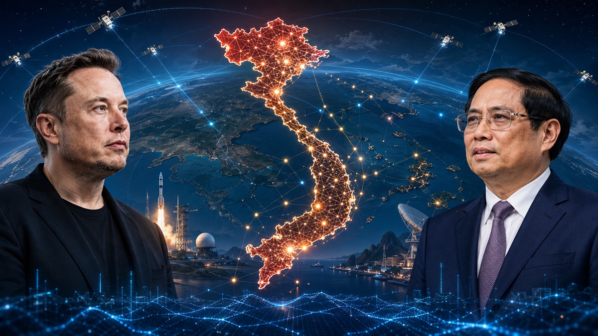 Illustrazione editoriale dedicata al progetto pilota Starlink in Vietnam e alla sovranità digitale nel Sud-est asiatico
