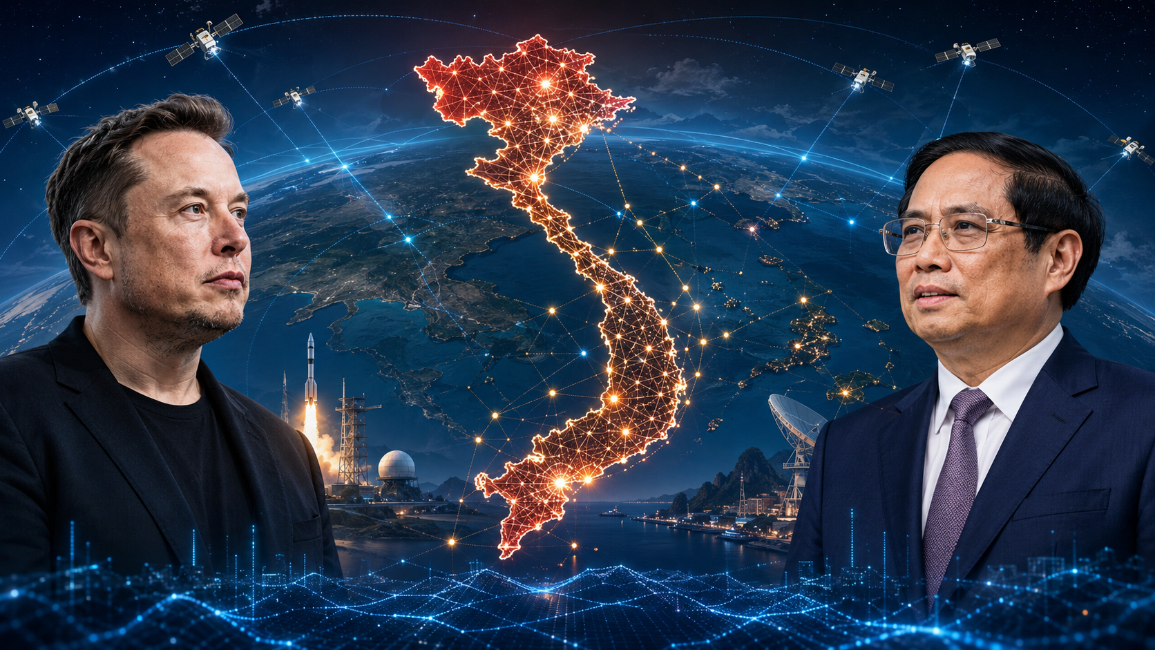 Illustrazione editoriale dedicata al progetto pilota Starlink in Vietnam e alla sovranità digitale nel Sud-est asiatico