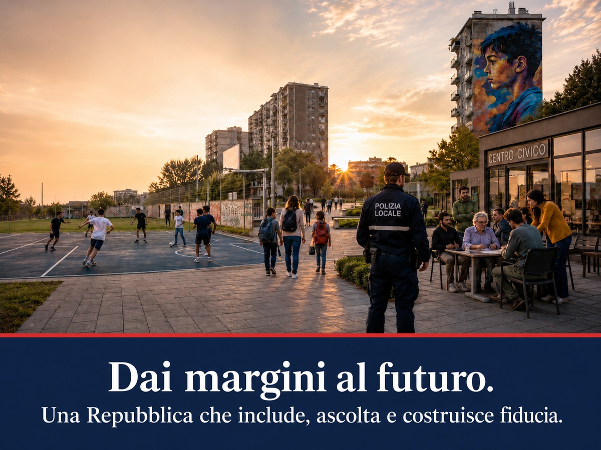 Illustrazione editoriale su periferie urbane, sicurezza, welfare territoriale e resilienza civile