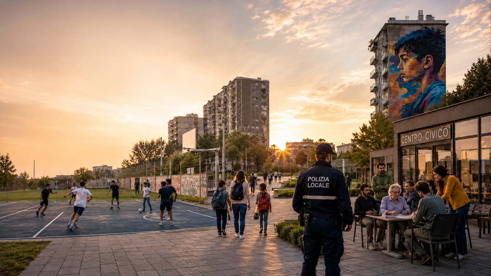 Illustrazione editoriale su periferie urbane, sicurezza, welfare territoriale e resilienza civile