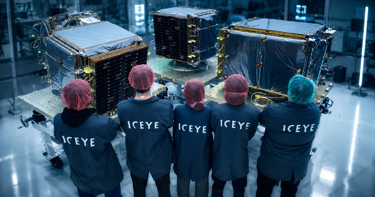 Tecnici ICEYE osservano satelliti per osservazione terrestre e intelligence spaziale in camera pulita