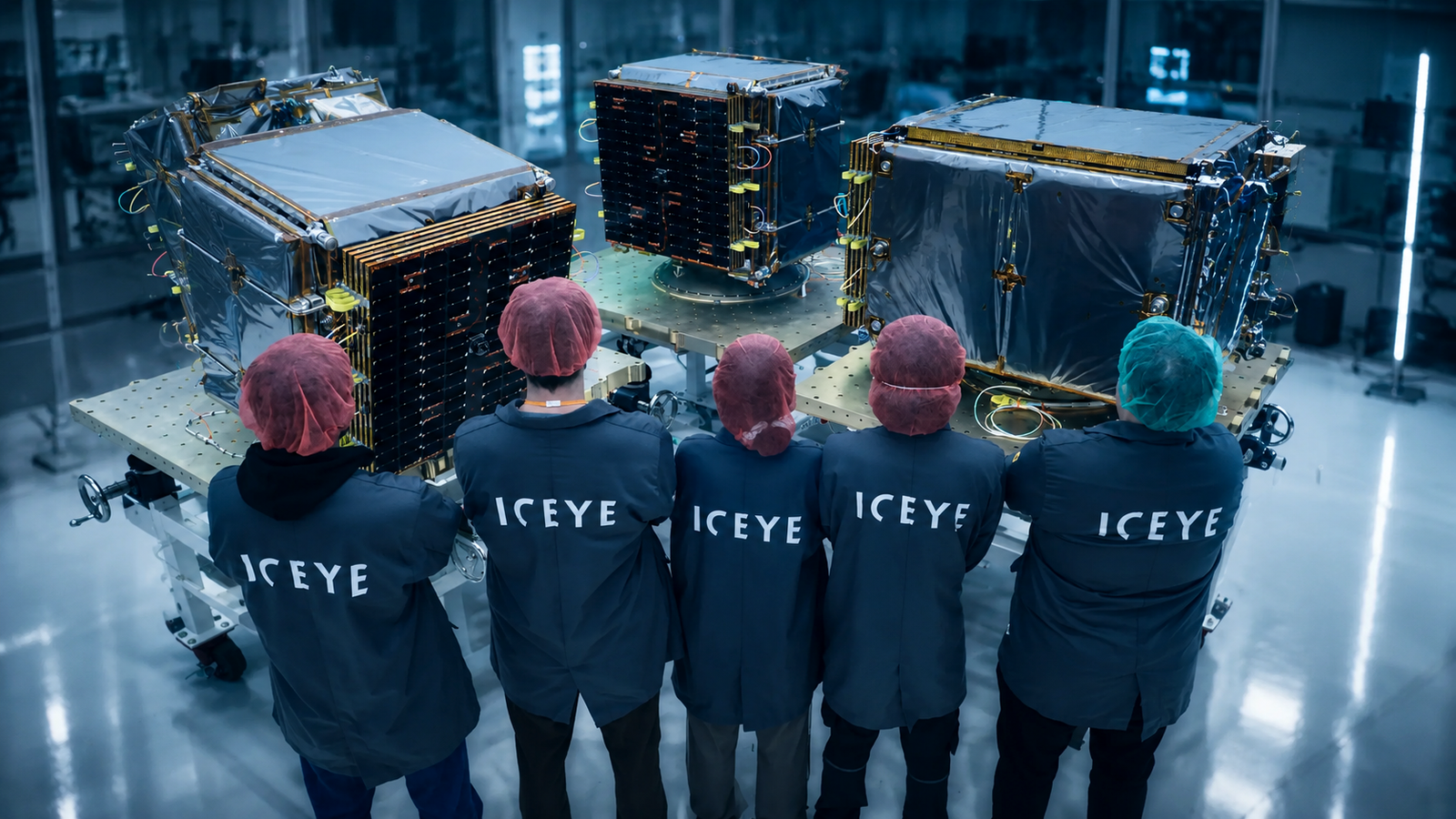 Tecnici ICEYE osservano satelliti per osservazione terrestre e intelligence spaziale in camera pulita