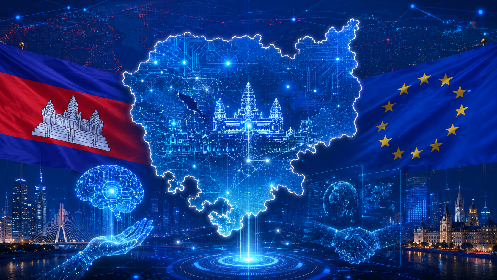 Mappa digitale della Cambogia con riferimenti alla cooperazione tecnologica tra Cambogia e Unione europea nel campo dell’intelligenza artificiale
