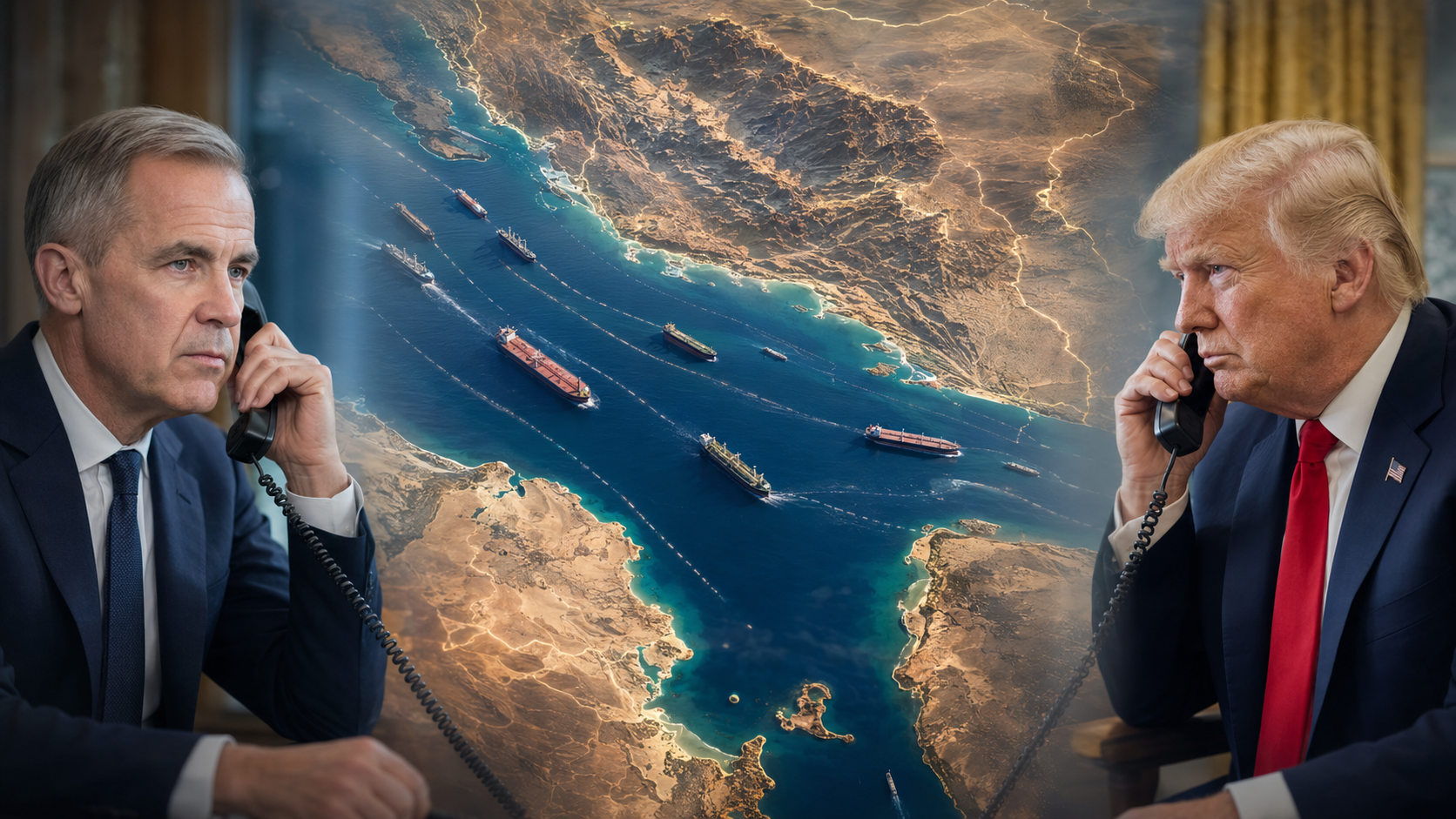 Illustrazione editoriale sul colloquio tra Mark Carney e Donald Trump, lo Stretto di Hormuz, l’Iran e la sicurezza atlantica
