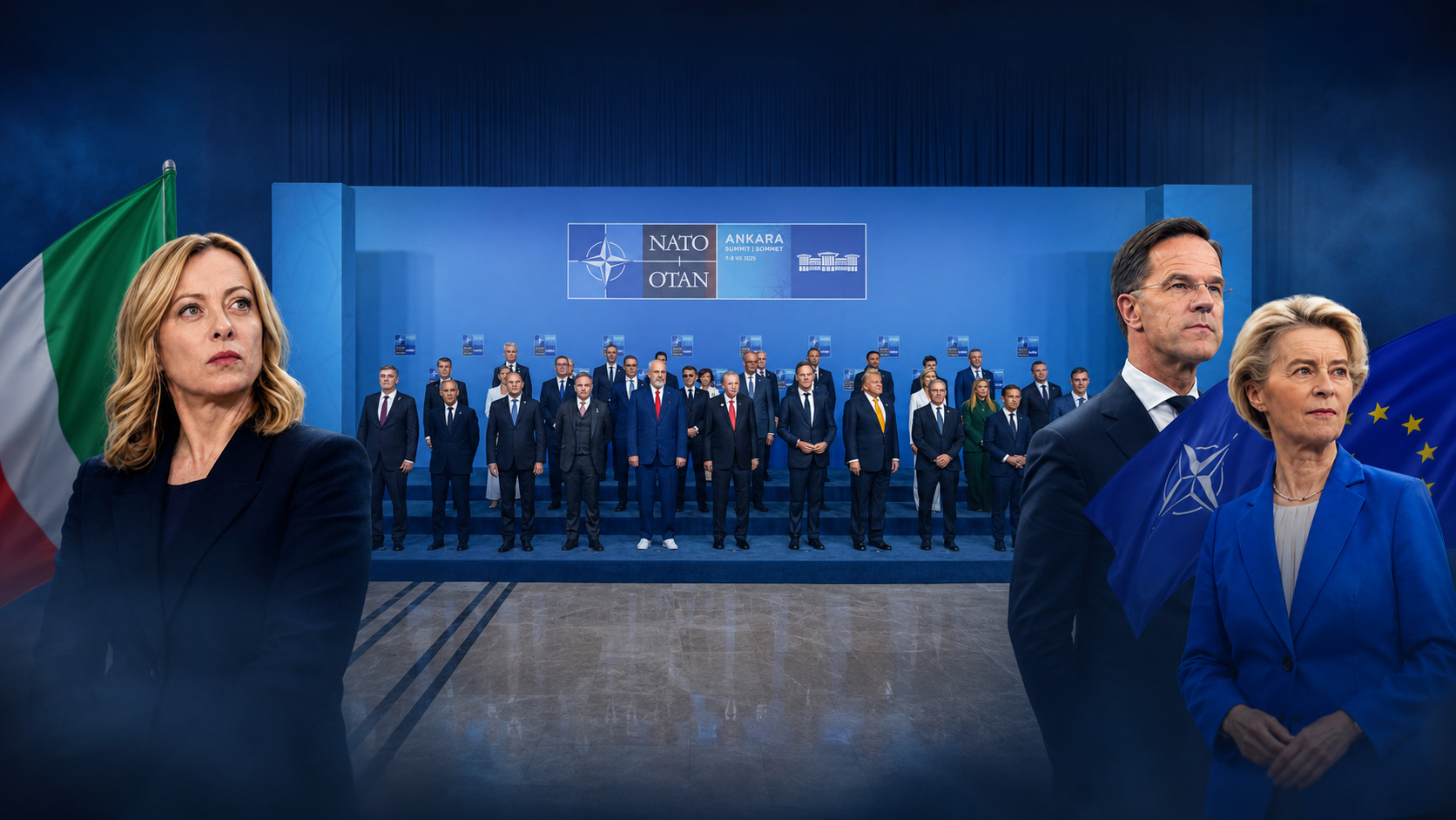 Giorgia Meloni, Mark Rutte e Ursula von der Leyen ai lati della foto di gruppo del Summit NATO di Ankara