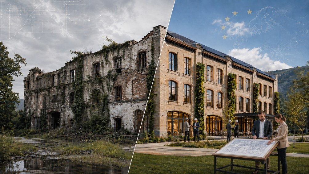 Edificio pubblico dismesso a confronto con la sua rigenerazione sostenibile, con progettisti al lavoro