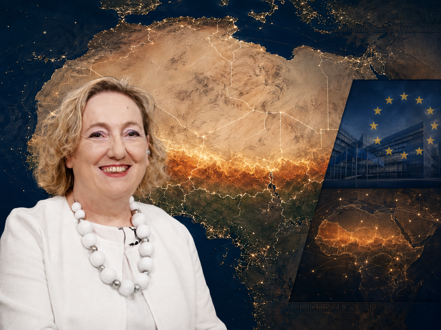Emanuela Claudia Del Re davanti a una mappa geopolitica del Sahel con riferimenti all’Unione europea