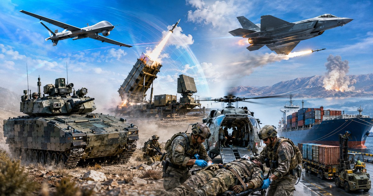 Collage realistico delle cinque priorità NATO: forze terrestri e droni, difesa aerea e missilistica, deep strike, medicina operativa e logistica