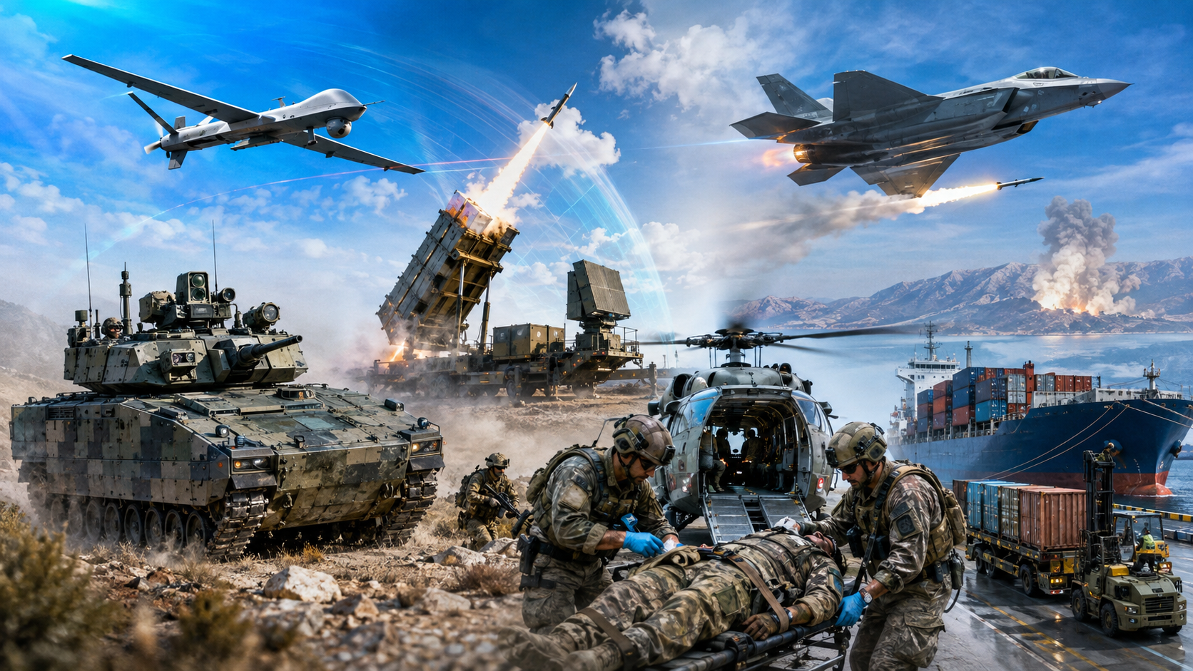 Collage realistico delle cinque priorità NATO: forze terrestri e droni, difesa aerea e missilistica, deep strike, medicina operativa e logistica