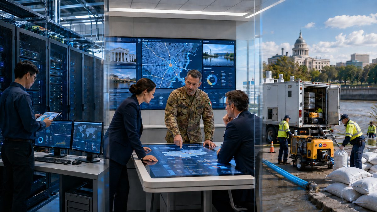 Personale civile e un militare italiano in uniforme mimetica coordinano dati, infrastrutture e risposta alle emergenze