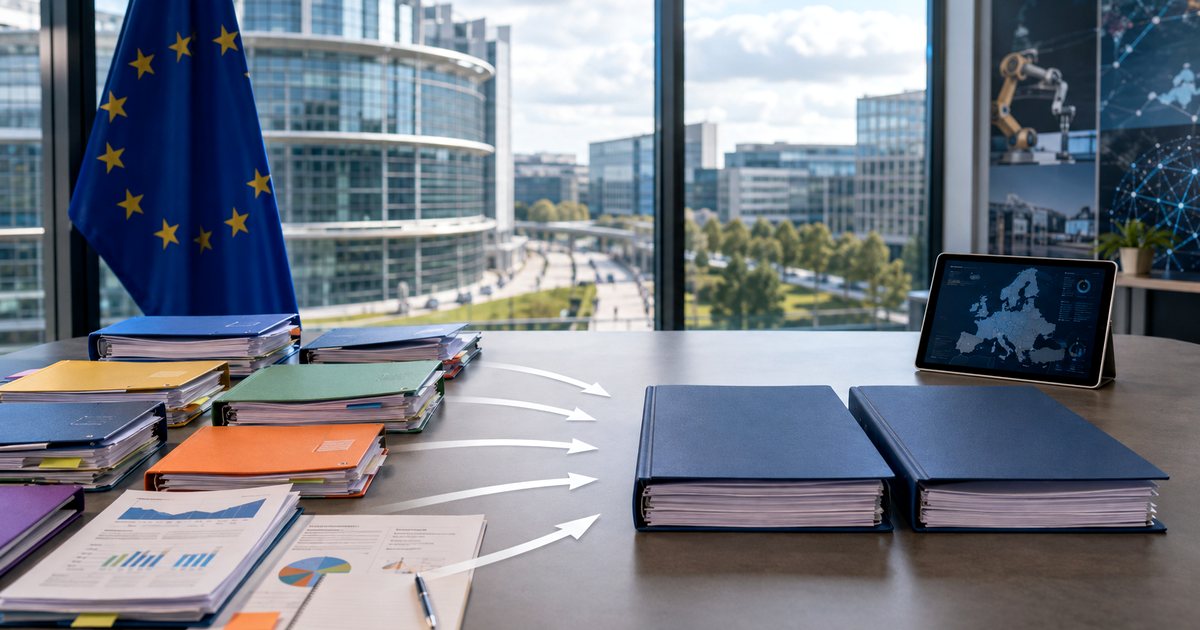 Fascicoli e progetti europei confluiscono verso due grandi dossier in un ambiente istituzionale, simbolo della nuova architettura integrata dei fondi UE