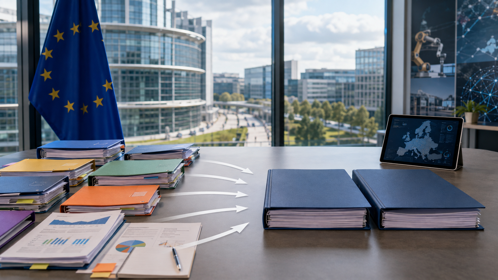 Fascicoli e progetti europei confluiscono verso due grandi dossier in un ambiente istituzionale, simbolo della nuova architettura integrata dei fondi UE