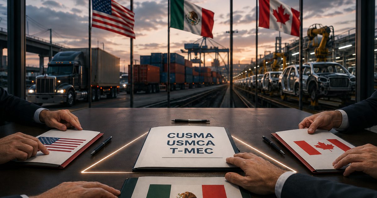 Tavolo negoziale con i fascicoli di Stati Uniti, Canada e Messico sul CUSMA, con catene logistiche e industria nordamericana sullo sfondo