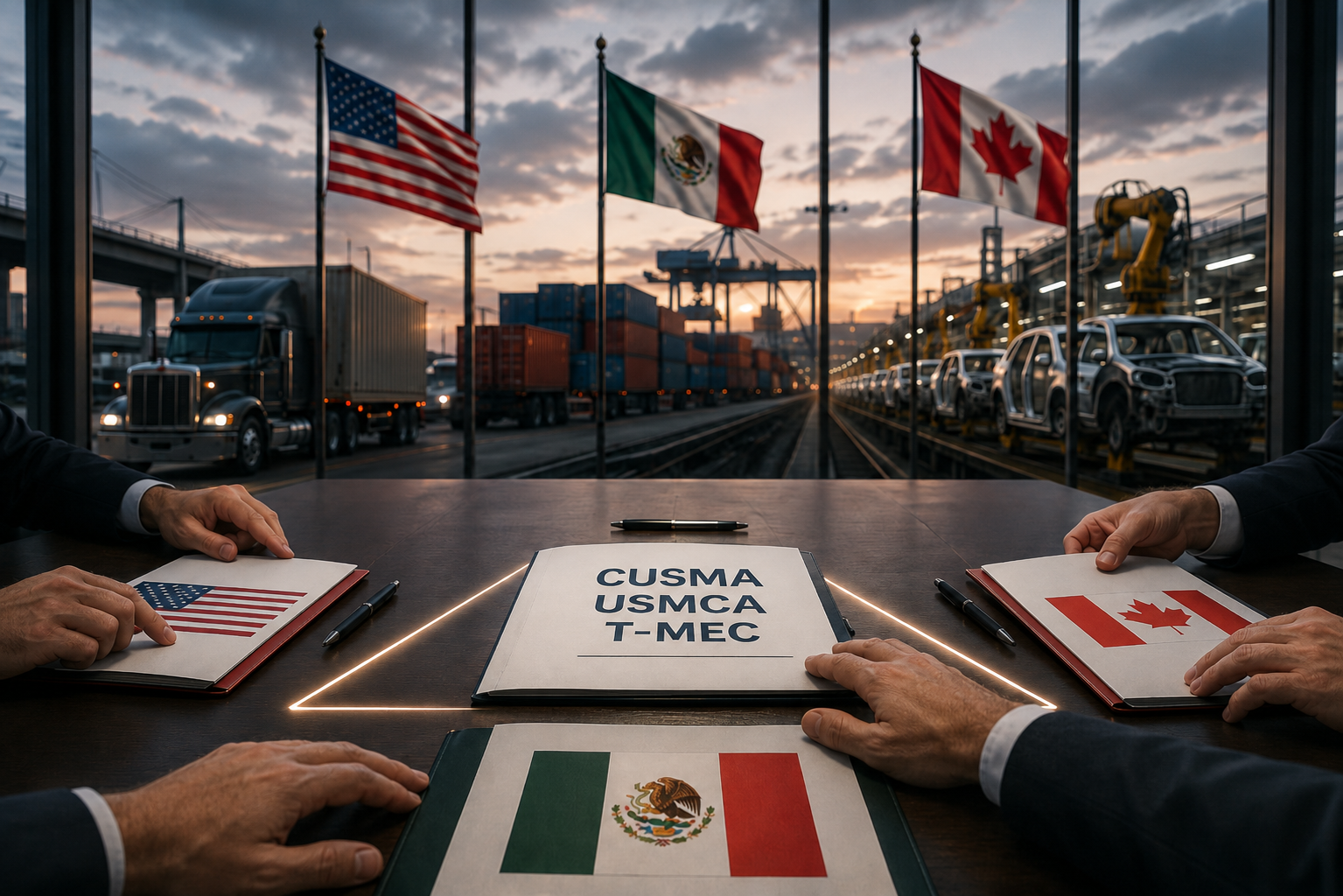 Tavolo negoziale con i fascicoli di Stati Uniti, Canada e Messico sul CUSMA, con catene logistiche e industria nordamericana sullo sfondo