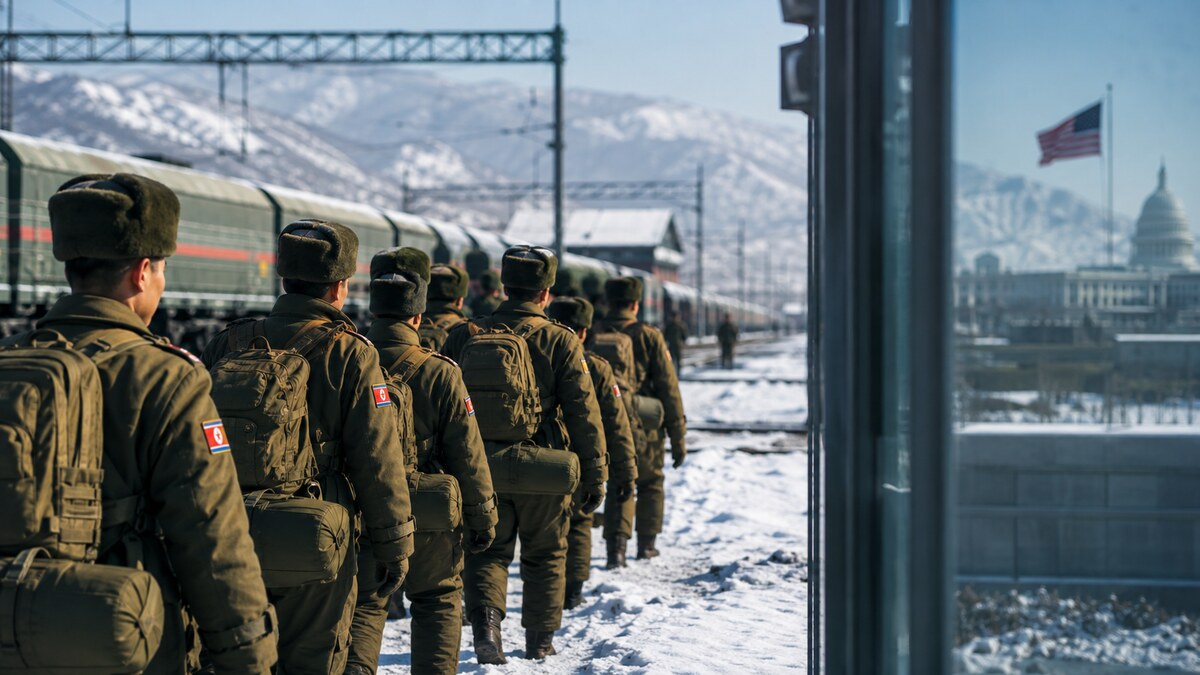 Militari nordcoreani in transito verso il dispositivo russo, con la postura statunitense sullo sfondo