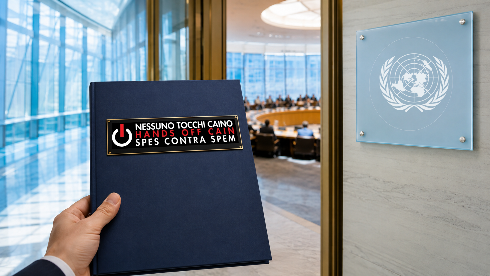 Dossier di Nessuno Tocchi Caino davanti a una sala diplomatica delle Nazioni Unite, con l’emblema ONU su una targa in vetro