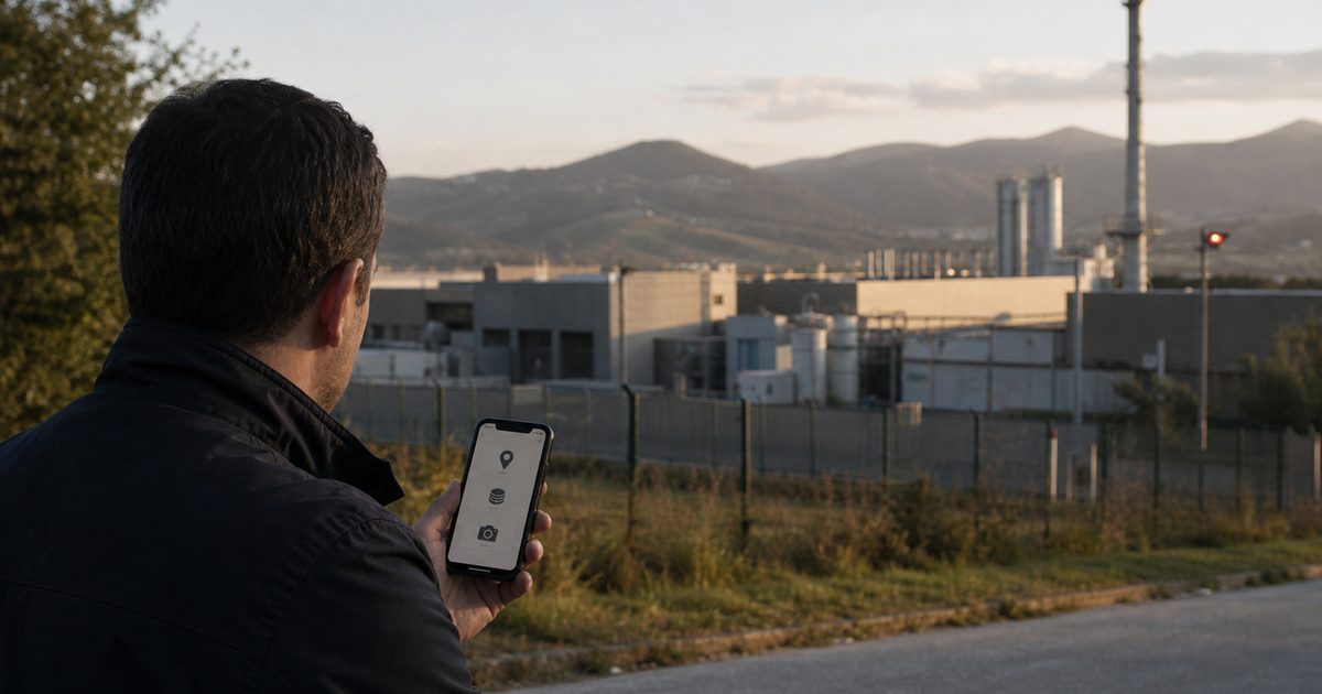 Una figura civile consulta uno smartphone davanti a un complesso industriale strategico