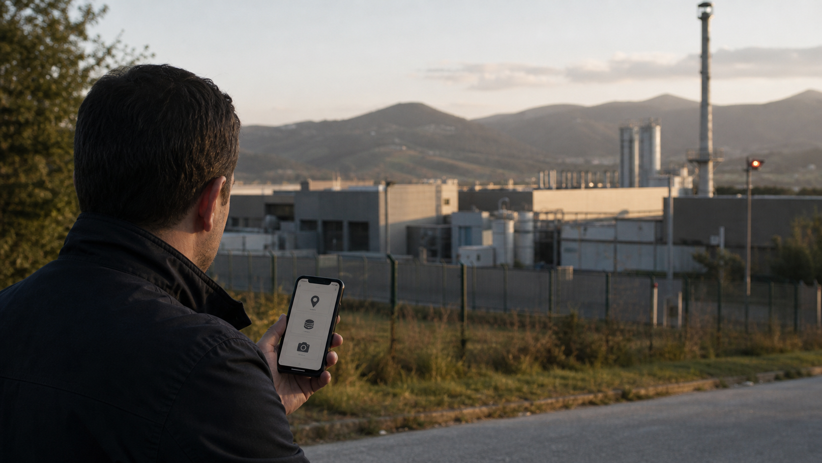 Una figura civile consulta uno smartphone davanti a un complesso industriale strategico