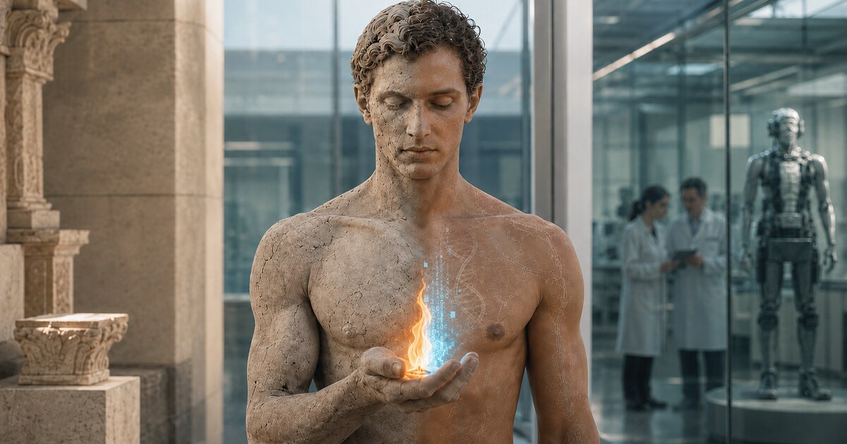 Figura umana tra mondo classico e laboratorio, con una fiamma metà naturale e metà composta da dati