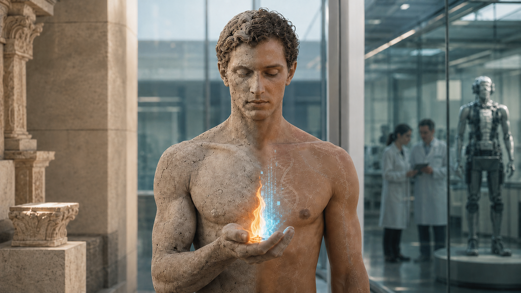 Figura umana tra mondo classico e laboratorio, con una fiamma metà naturale e metà composta da dati