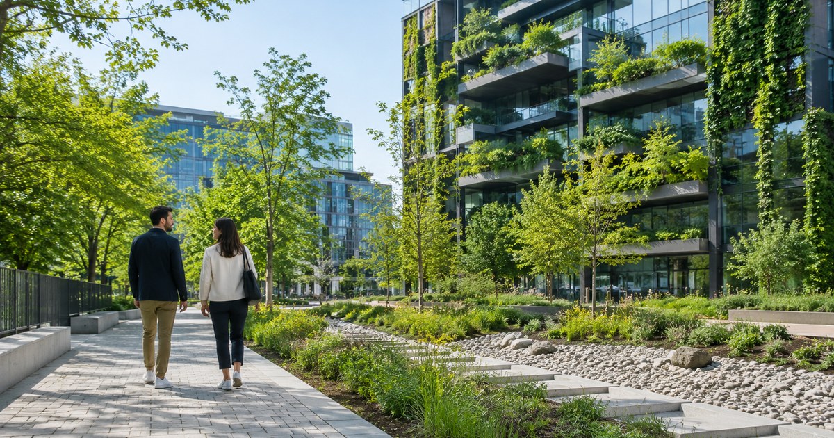 Un uomo e una donna camminano in un quartiere urbano contemporaneo integrato con alberature, giardini e facciate verdi