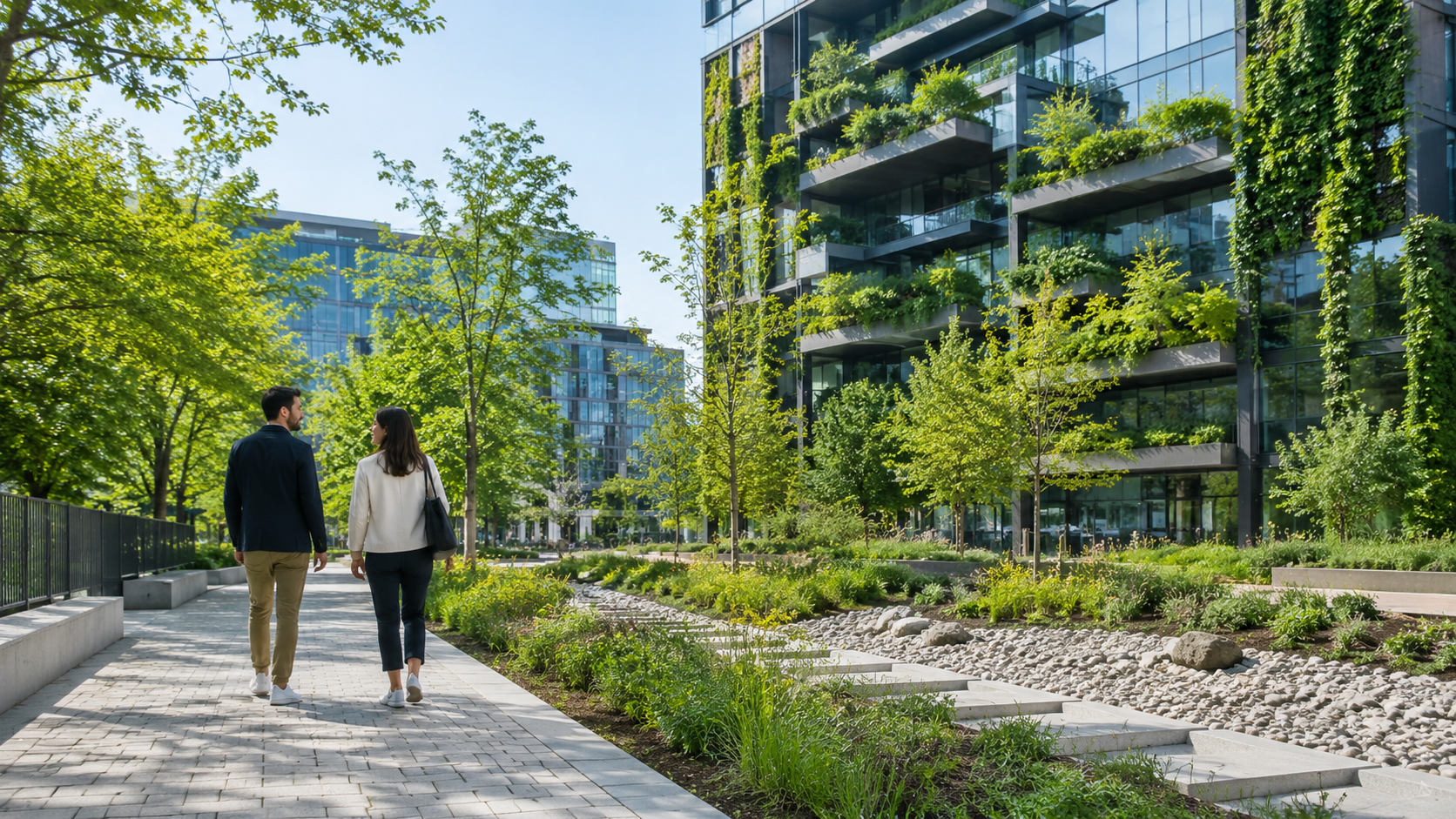 Un uomo e una donna camminano in un quartiere urbano contemporaneo integrato con alberature, giardini e facciate verdi