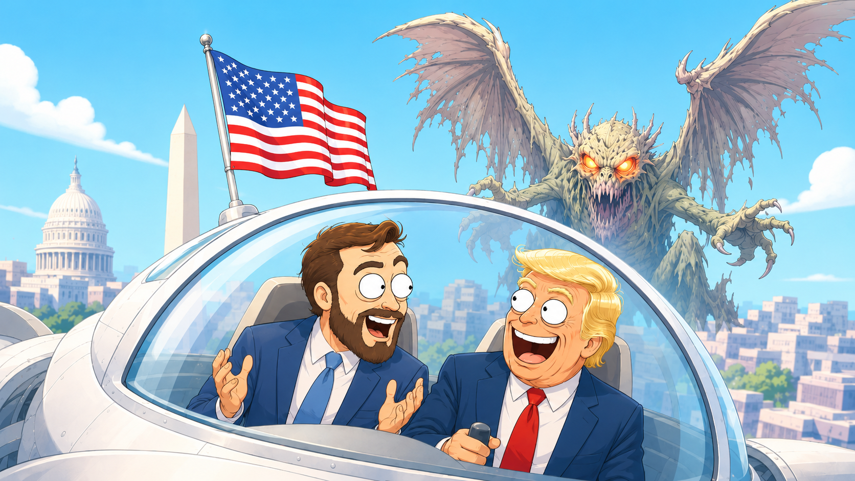 Trump e JD Vance in una scena satirica a bordo di un'astronave, con Washington e una creatura mostruosa sullo sfondo