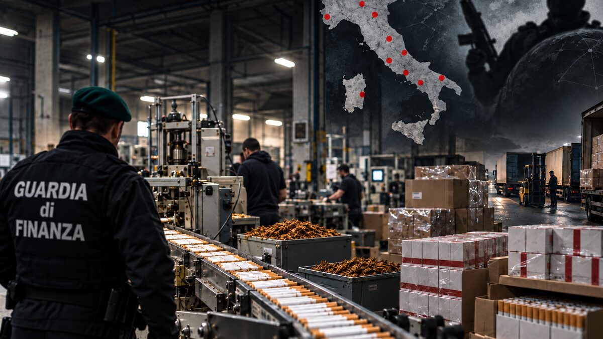 Guardia di Finanza in uno stabilimento clandestino per la produzione di sigarette, con reti logistiche e criminali sullo sfondo