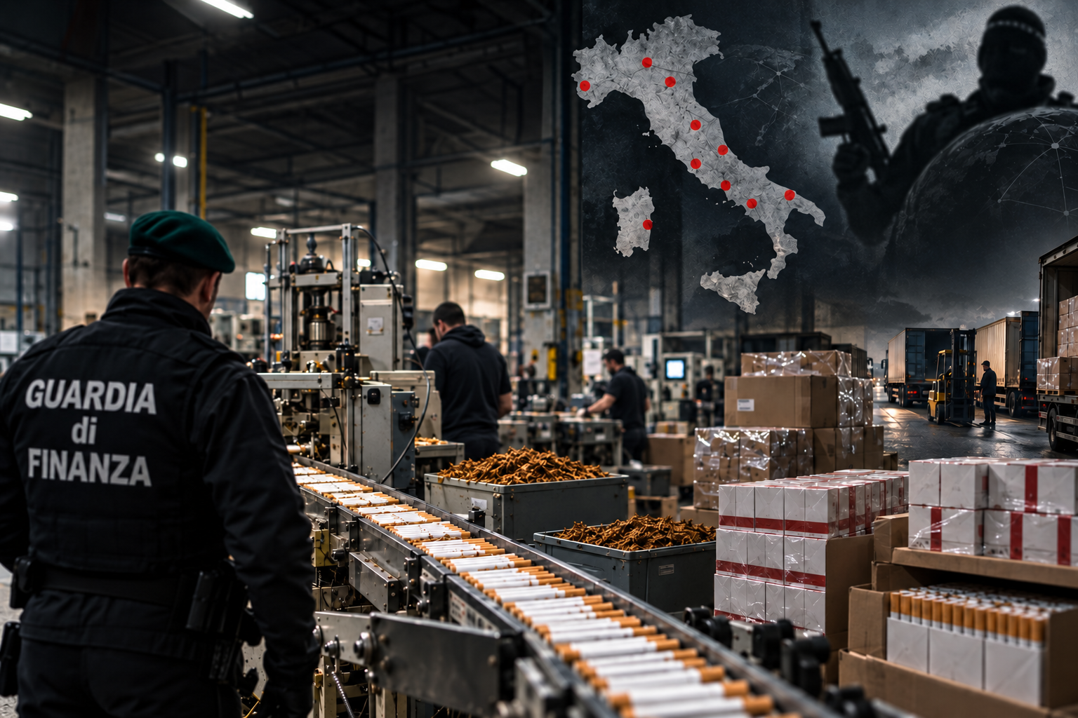 Guardia di Finanza in uno stabilimento clandestino per la produzione di sigarette, con una mappa dell’Italia e una rete logistica e criminale sullo sfondo
