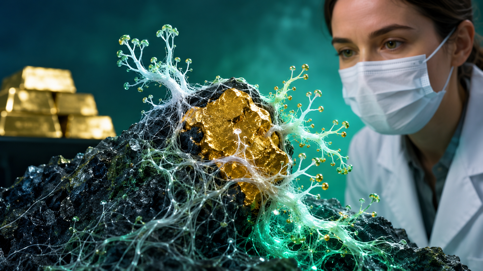Ricercatrice osserva un processo di bio-estrazione dell’oro mediante filamenti fungini, con lingotti sullo sfondo
