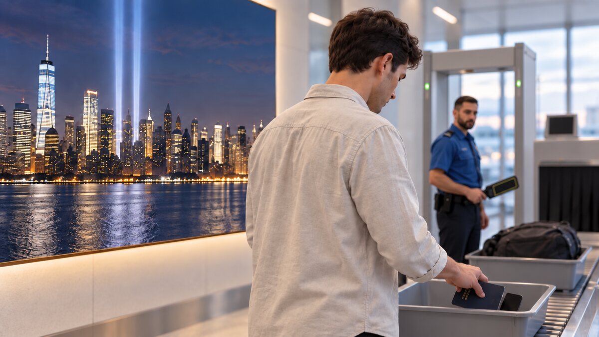 Un passeggero ai controlli aeroportuali davanti a una fotografia di New York con il Tribute in Light