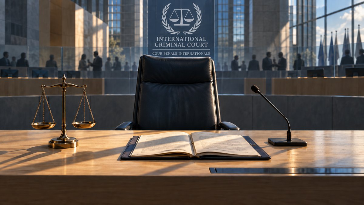 La sedia vuota del Procuratore davanti al simbolo della Corte Penale Internazionale