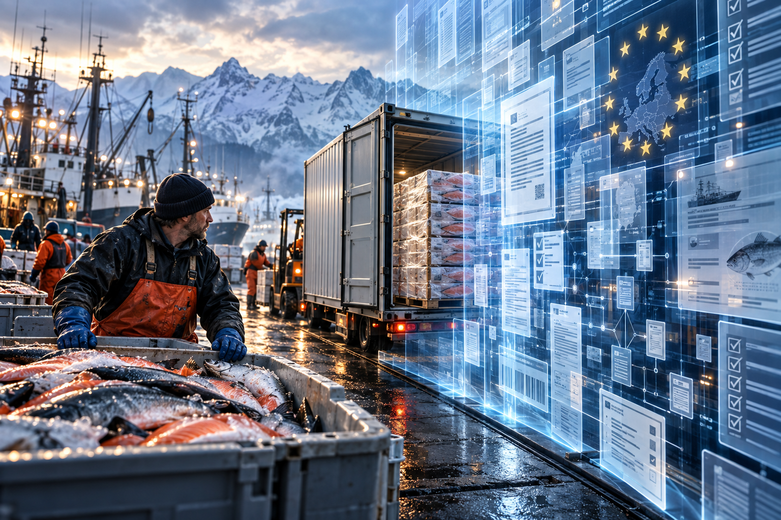 Filiera ittica dell’Alaska davanti a una barriera digitale che richiama i requisiti europei di tracciabilità