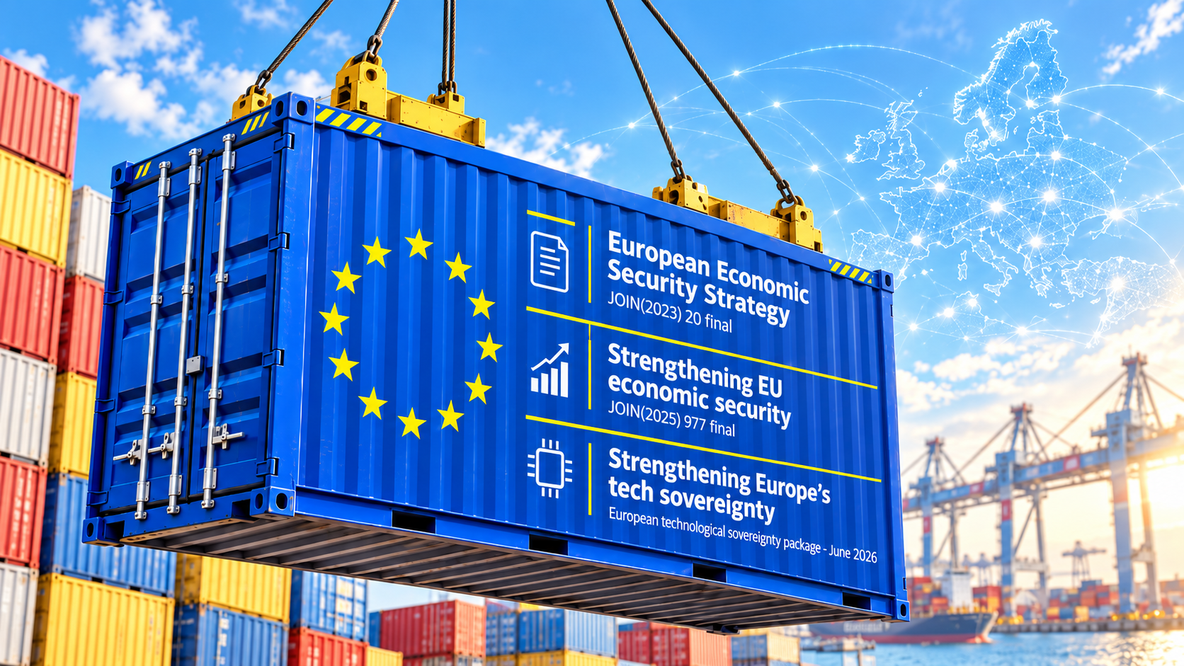 Container europeo dedicato alla sicurezza economica, con i principali documenti strategici dell’Unione e una rete digitale sullo sfondo