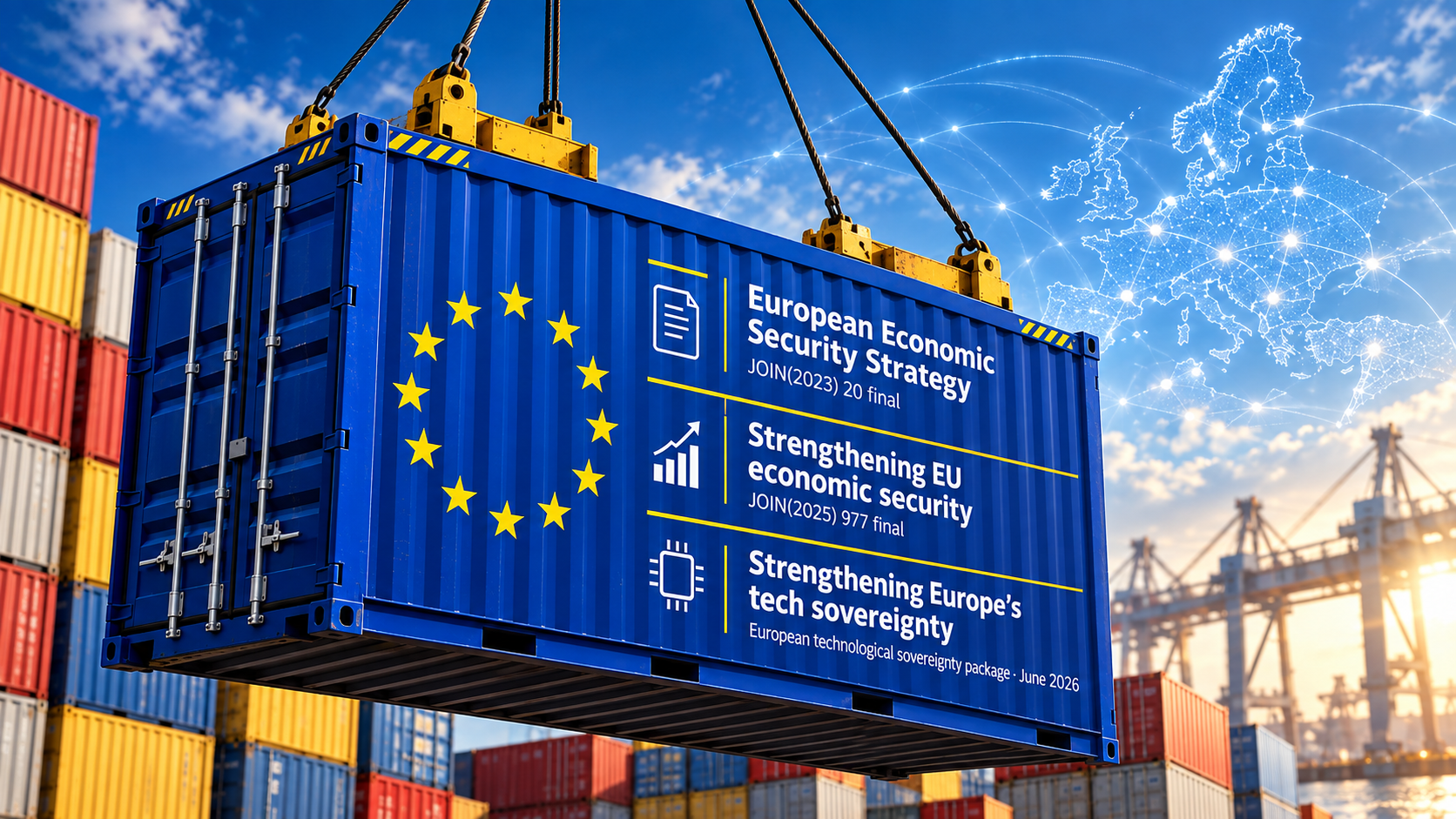 Container europeo dedicato alla sicurezza economica, con i principali documenti strategici dell’Unione e una rete digitale sullo sfondo