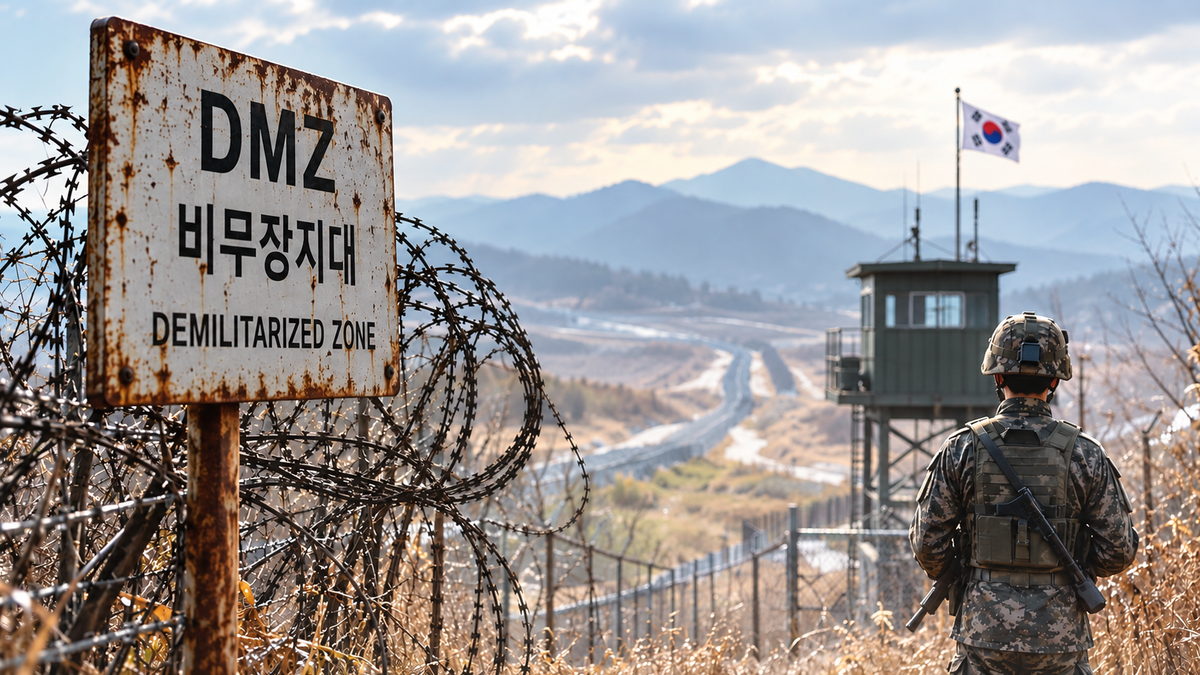 Zona Demilitarizzata coreana (DMZ), filo spinato, torre di guardia e militare sudcoreano