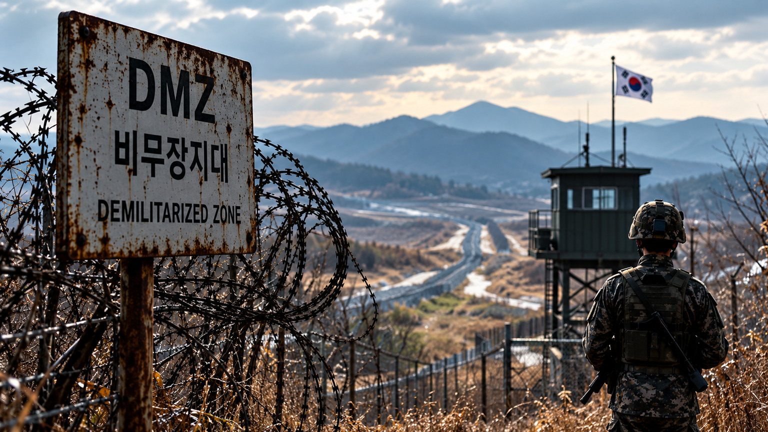 Zona Demilitarizzata coreana (DMZ), filo spinato, torre di guardia e militare sudcoreano