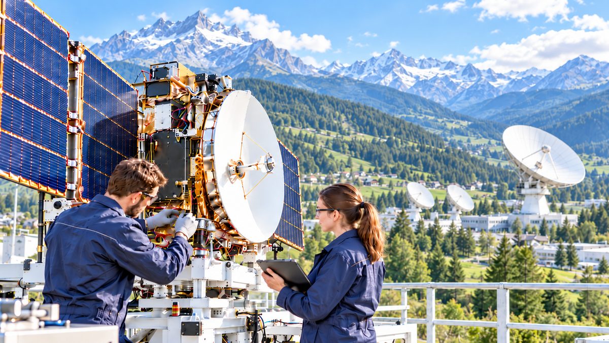 Due ingegneri lavorano su un satellite in un distretto aerospaziale, con antenne di terra e infrastrutture spaziali sullo sfondo