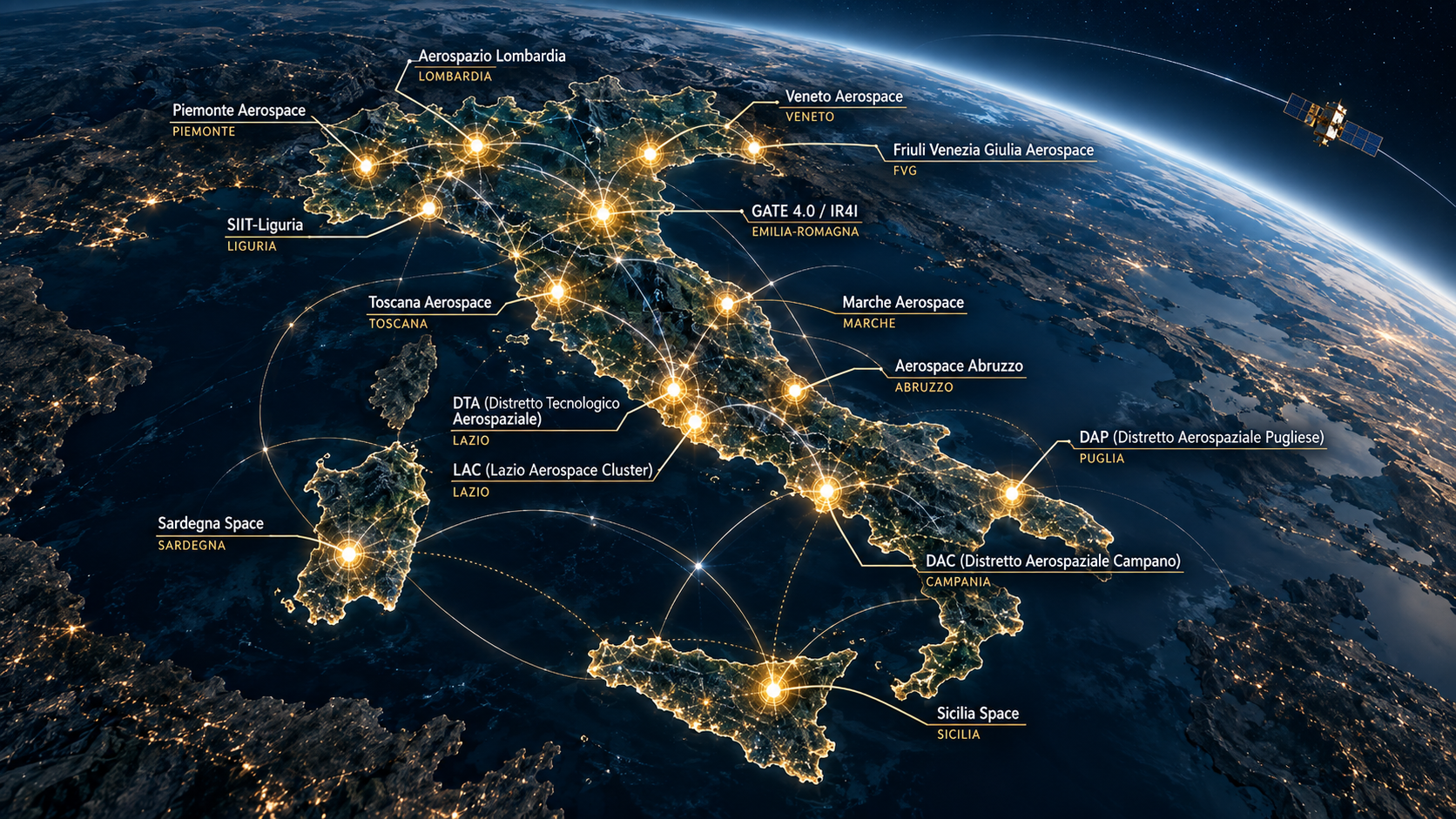 Rappresentazione dell’Italia con i principali distretti aerospaziali e le connessioni dell’ecosistema nazionale