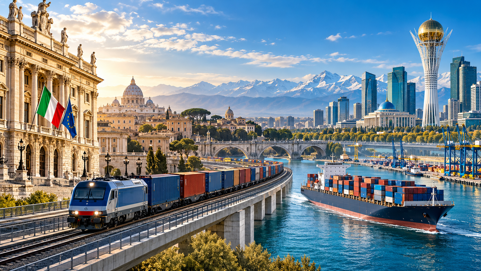 Composizione illustrativa delle relazioni tra Roma e Astana e del Middle Corridor: treno merci, nave cargo e le architetture delle due capitali