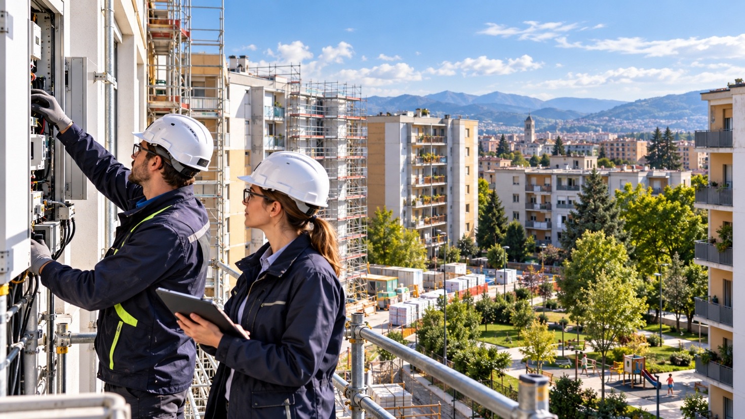 Tecnici impegnati nella manutenzione di un complesso residenziale pubblico