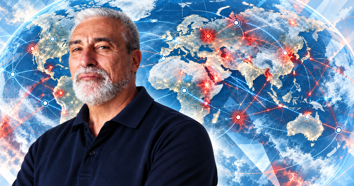 Ritratto del generale Nicola Cristadoro su una mappa mondiale delle tensioni geopolitiche