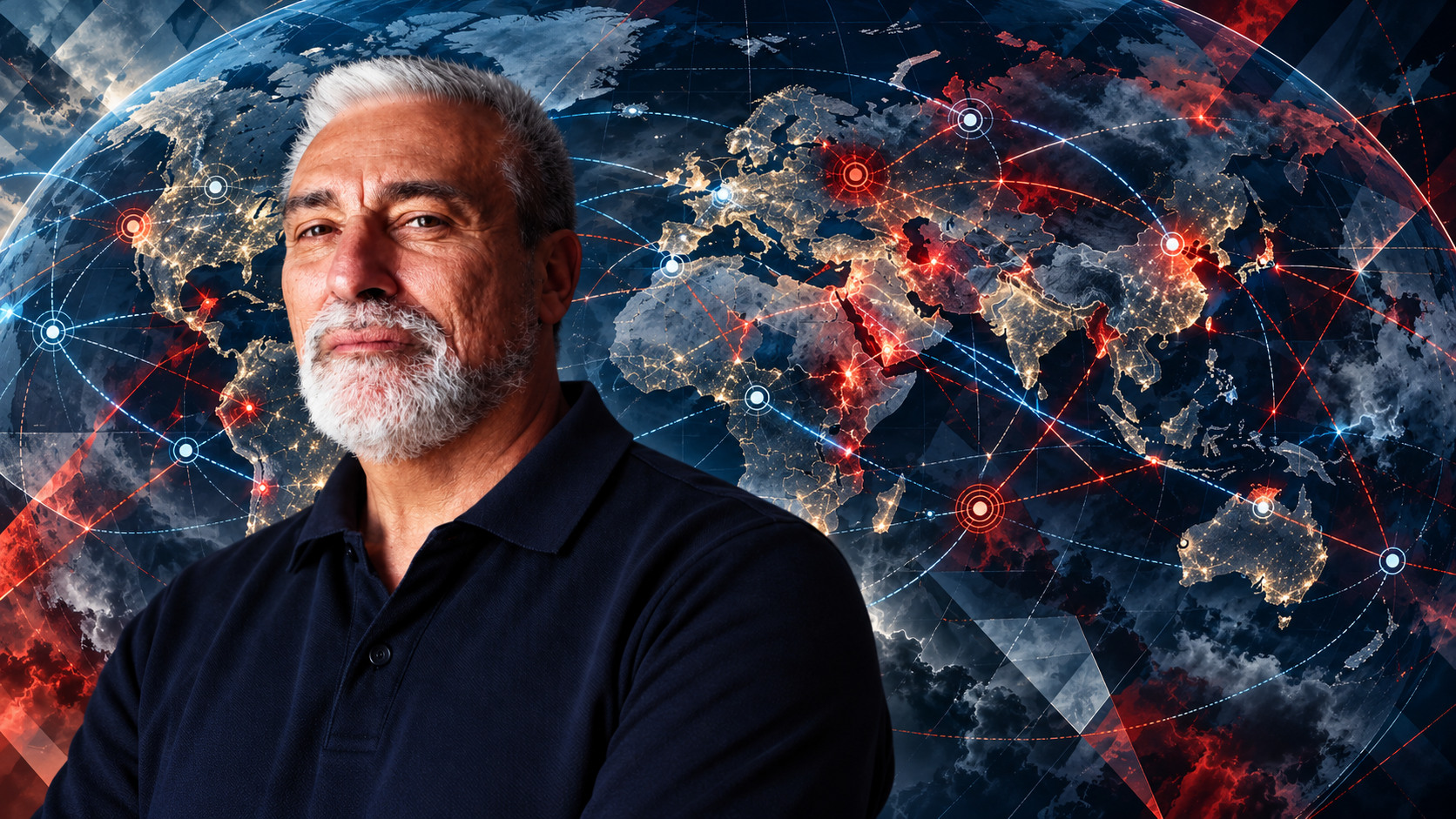 Il generale Nicola Cristadoro davanti a un globo illustrato con connessioni e tensioni geopolitiche