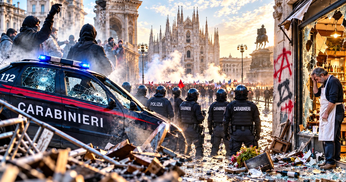 Illustrazione editoriale di una manifestazione a Milano con Forze dell’Ordine e un negoziante davanti alla vetrina distrutta