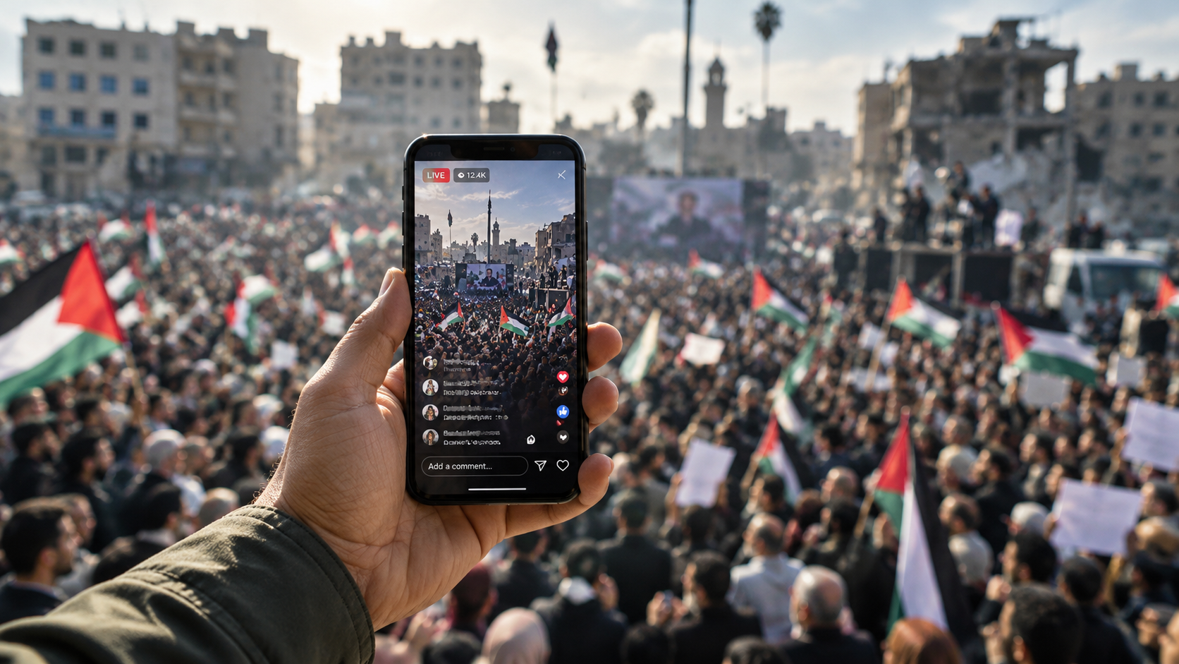 Illustrazione editoriale: una persona riprende con uno smartphone una grande folla con bandiere palestinesi, evidenziando il ruolo della rappresentazione mediatica nelle dinamiche del conflitto